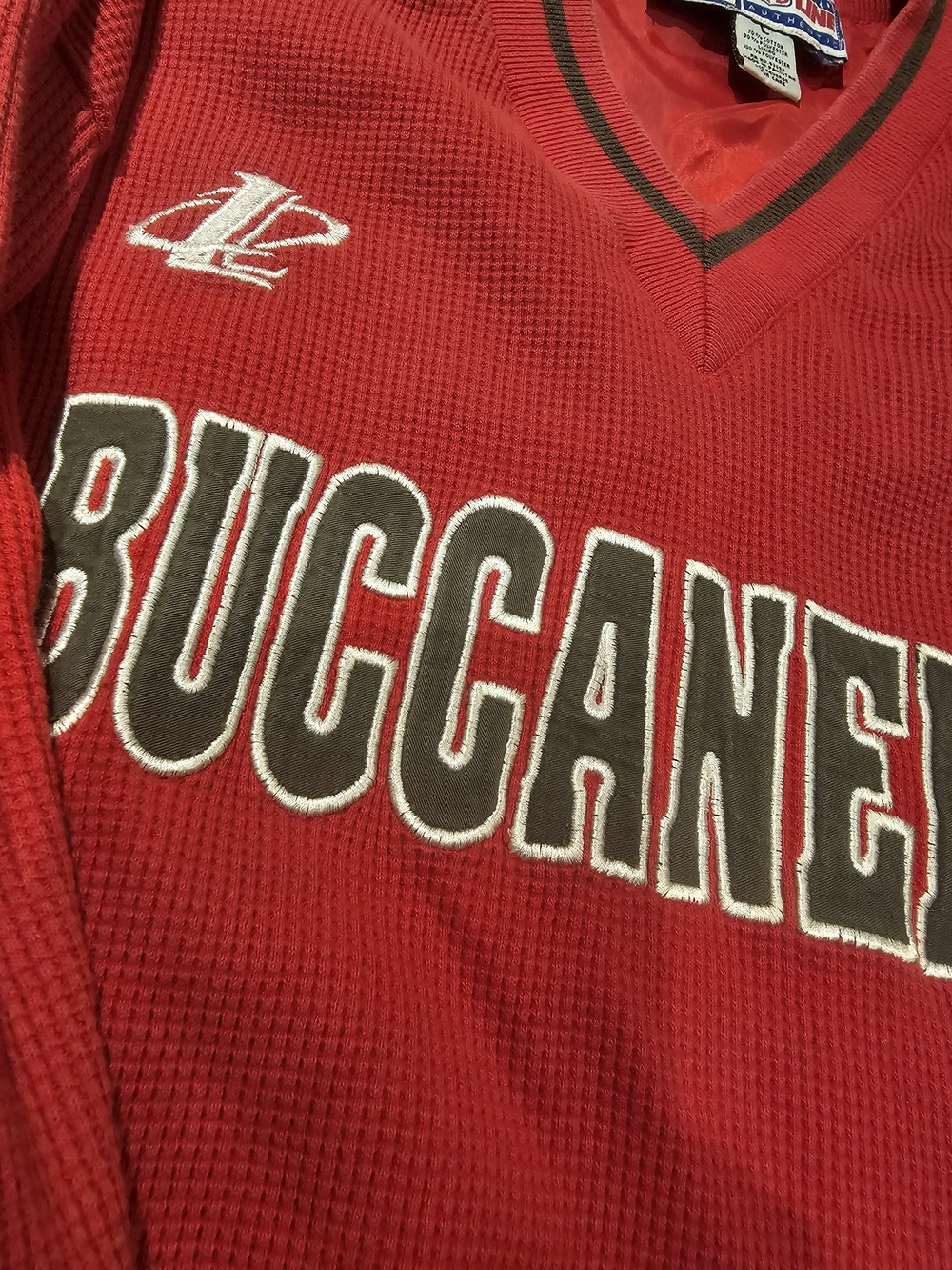 NFL Buccaneers Red Waffle Knit Pullover with Brown & White Lettering